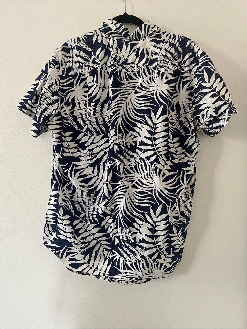 J Crew Navy Blue White Tropical Palm Print Large 100% Cotton Resort Vacation